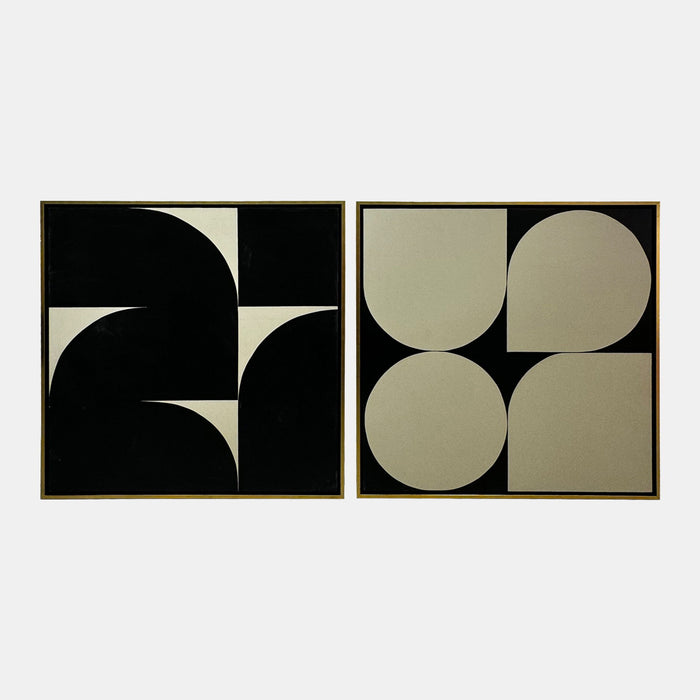 95" x 47" Hand Painted Modern Geos (Set of 2) - Tan / Black
