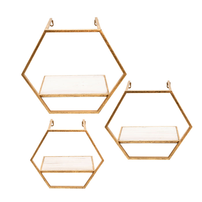Metal / Wood Hexagon Wall Shelves (Set of 3) - Gold
