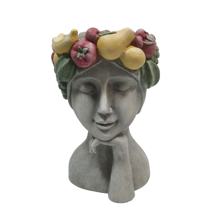 18" Lady With Fruit Planter - Grey / Multi