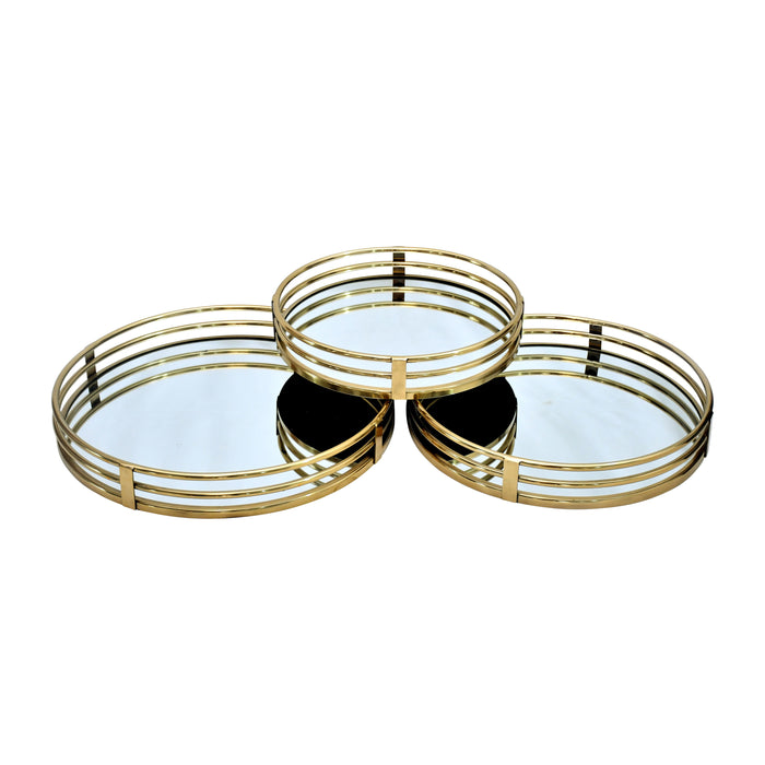 Metal 14/16/18" Round Mirrored Trays (Set of 3) - Gold
