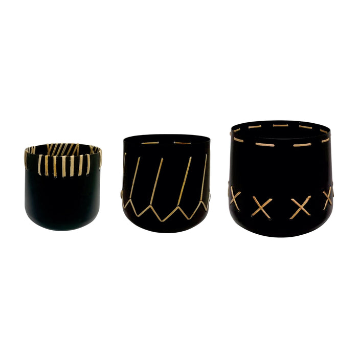 Metal 7/9/10" Planters With Woven Details (Set of 3) - Black