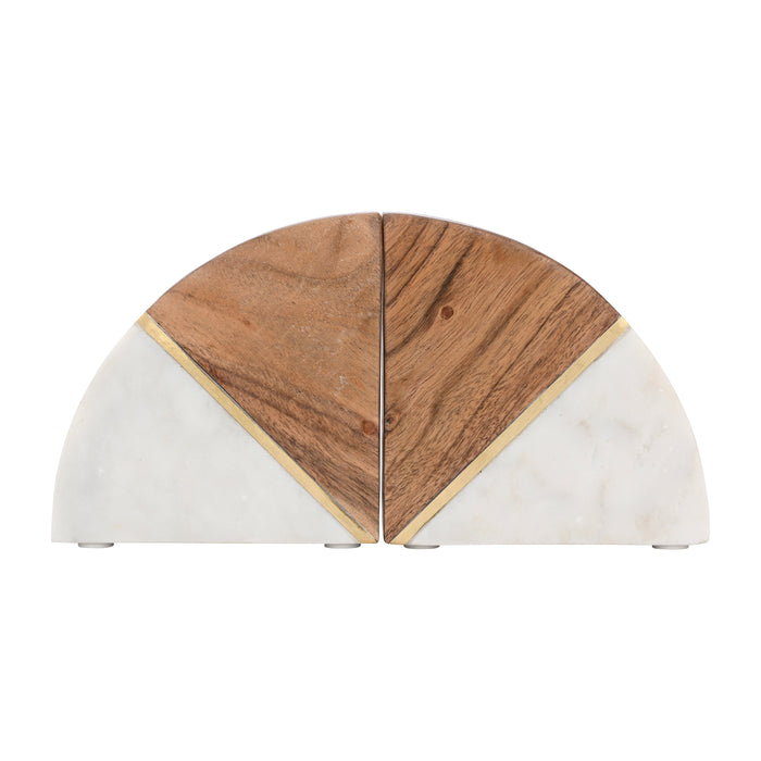 Marble 5" Bookends With Wood And Brass Detail (Set of 2) - Brown