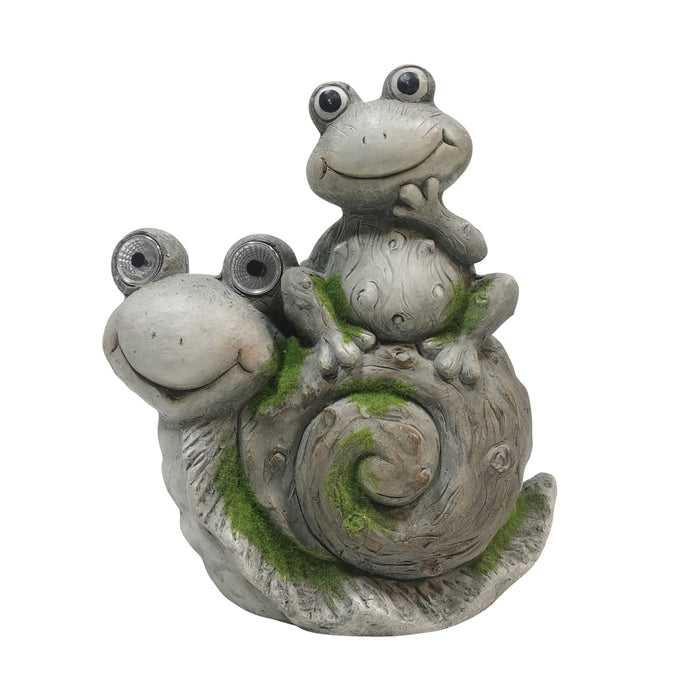 14" Frog Sitting On Snail With Solar Eyes - Grey
