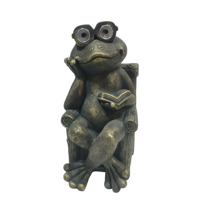 16" Sitting Frog With Book And Solar Glasses - Bronze