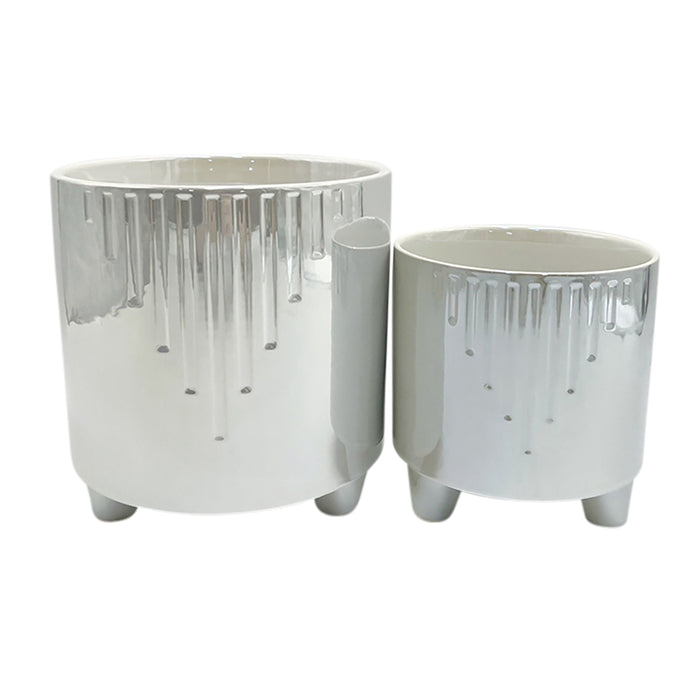 6" / 8" Iridescent Line Footed Planters (Set of 2) - Ivory