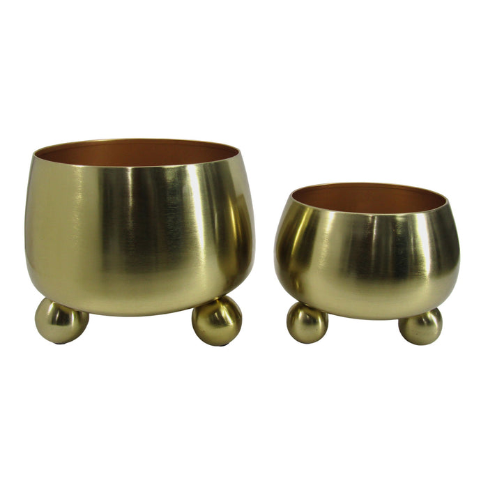 9 / 11" Round Metal Planters With Ball Feet (Set of 2) - Gold
