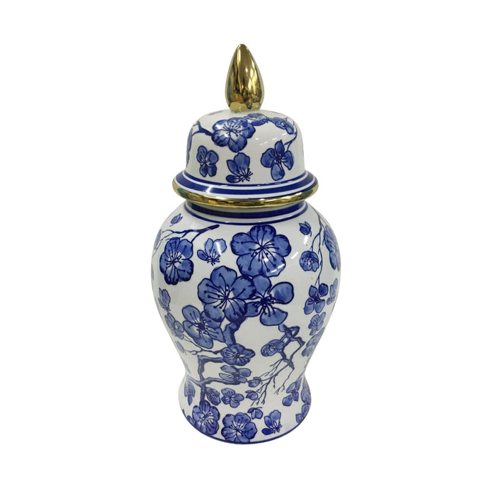 Temple Jar With Hibiscus 14" - Blue & White