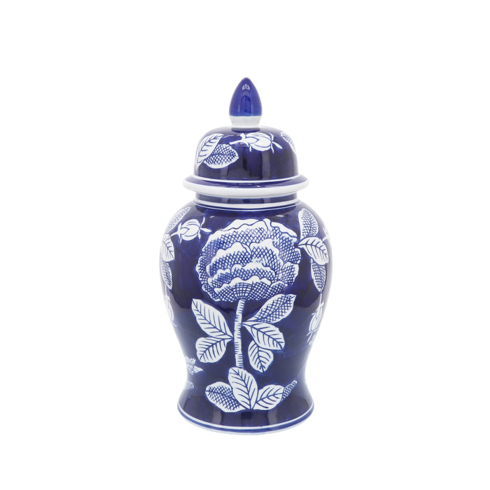 Ceramic Floral Temple Jar 14" - White / Blue