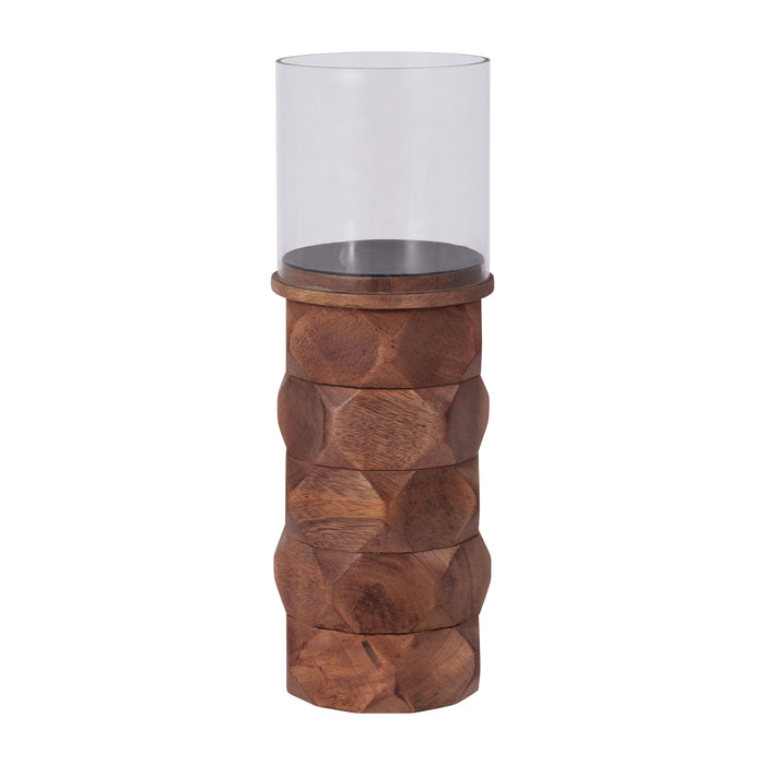 Wood 12" Stacked Hexagon Pillar Hurricane - Brown