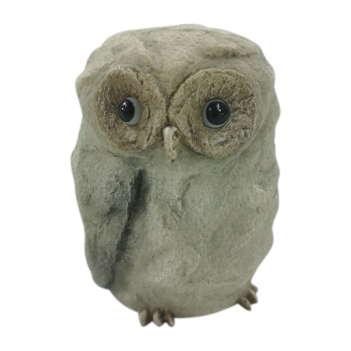 9" Faux Rock Owl With Solar Eyes - Grey