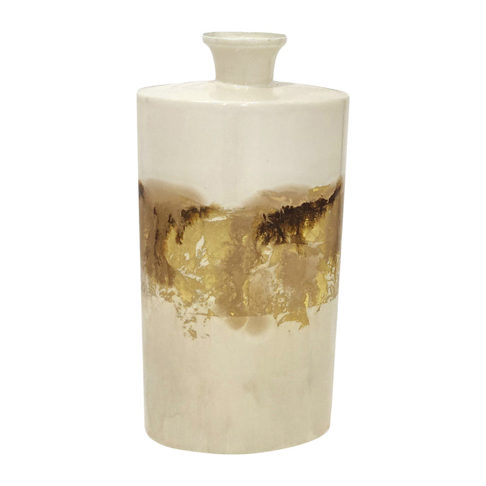 Metal 15" Flask Vase - Pearl/Gold