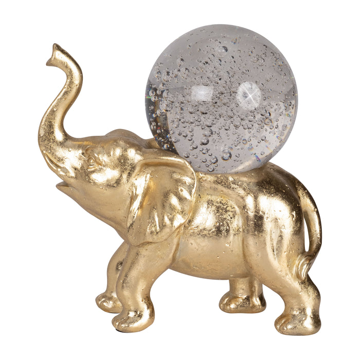 Resin 9" Elephant W/ Crystal Ball - Gold