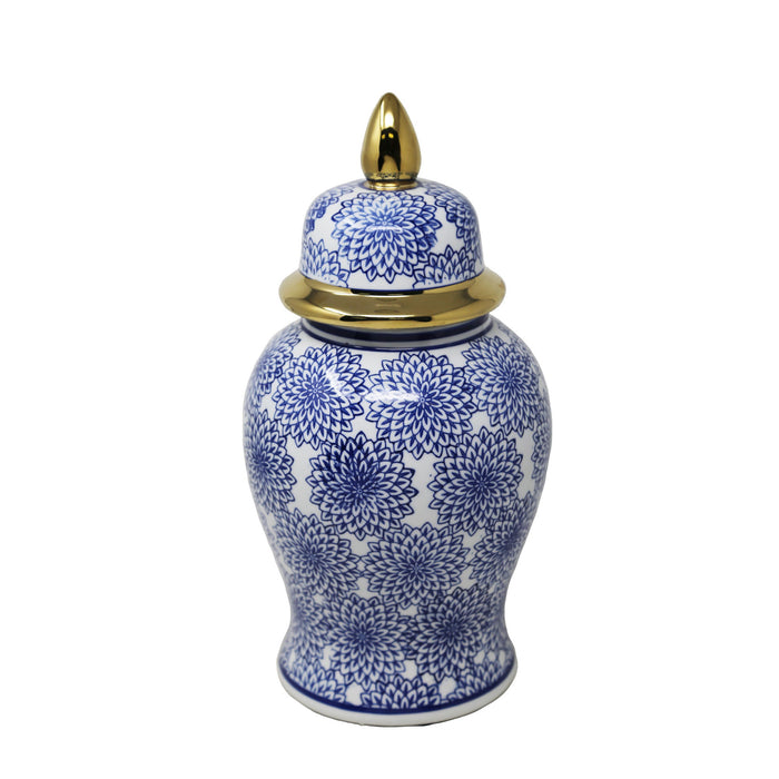Temple Jar With Dalhia Flower 14" - Blue & White