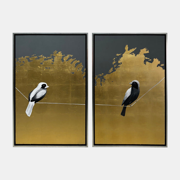 63" x 47" Hand Painted Birds On Wire (Set of 2) - Gold