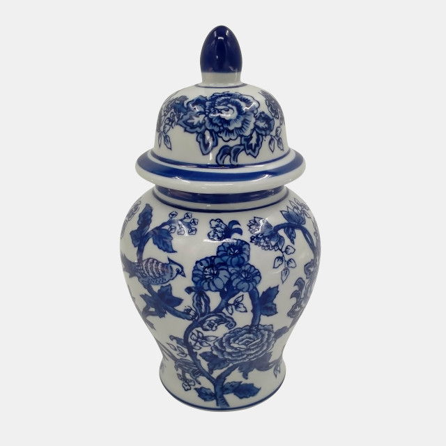 Ceramic Temple Jar Bird/Flower 10" - Blue