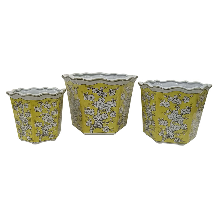8/10/12" Chinoiserie Floral Planters (Set of 3) - Yello With White