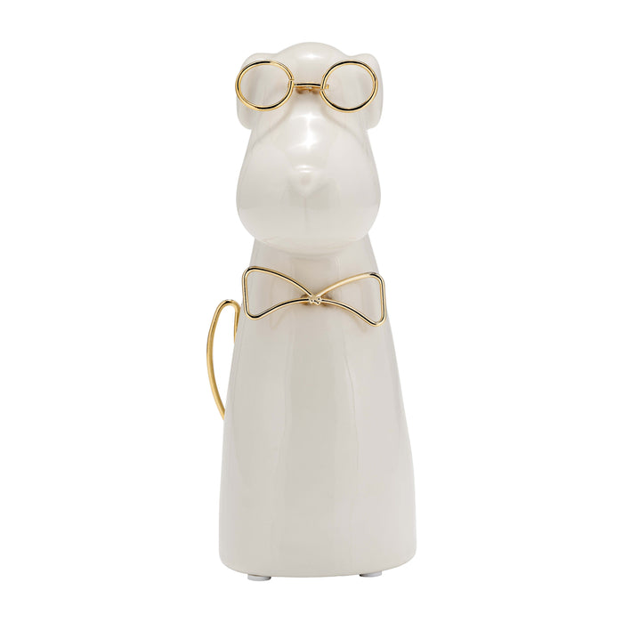 Ceramic 7" Puppy With Gold Glasses And Bowtie - White