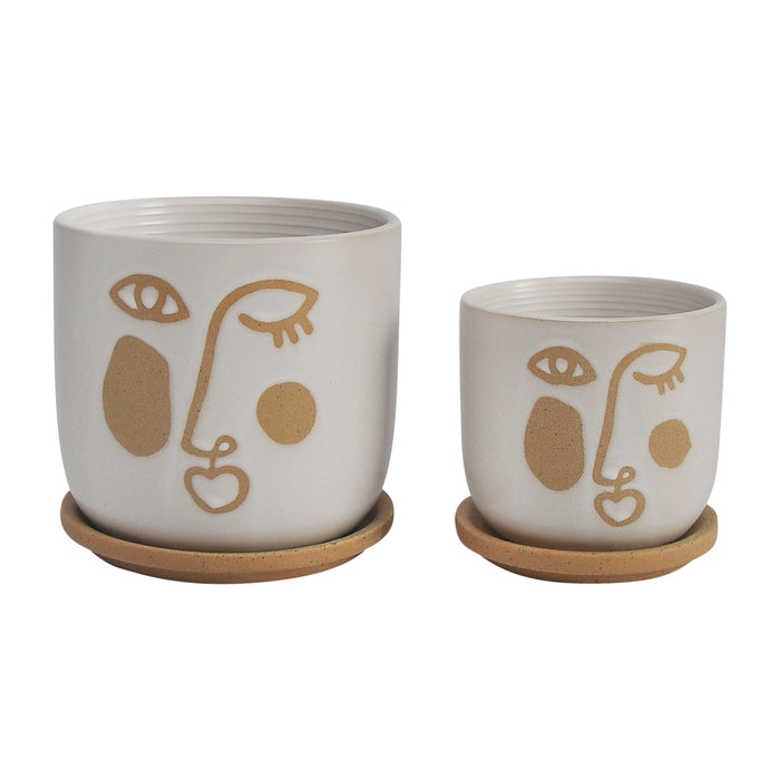 Funky Face Planter With Saucer 5 / 6" (Set of 2) - Beige
