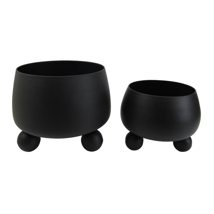 9 / 11" Round Metal Planters With Ball Feet (Set of 2) - Black