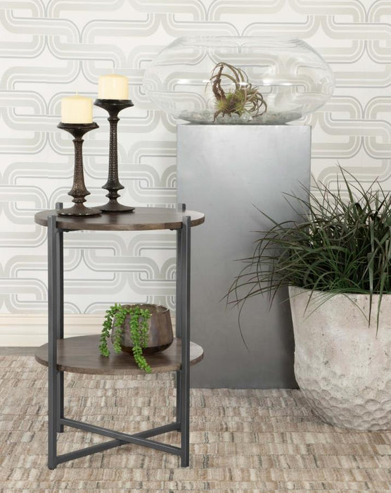 Axel - Round Accent Table With Open Shelf - Natural And Gunmetal
