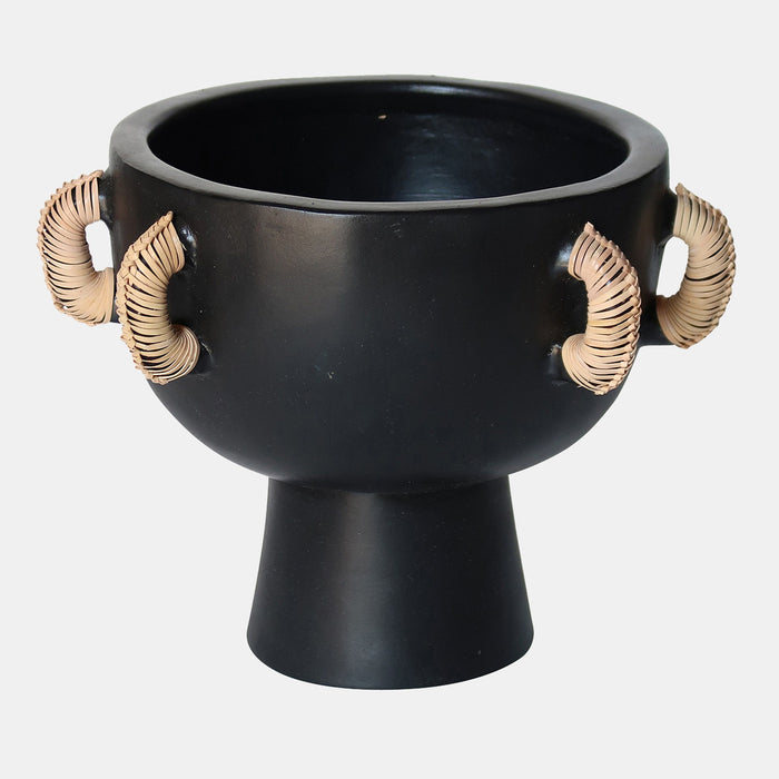 Terracotta Eared Bowl On Stand Vase - Black