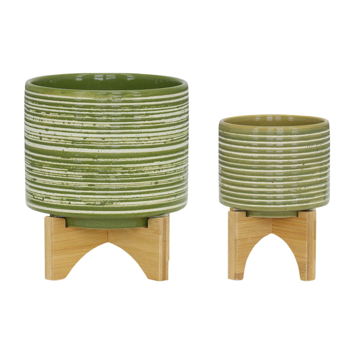 Ceramic Planter On Wooden Stand 5 / 8" (Set of 2) - Olive