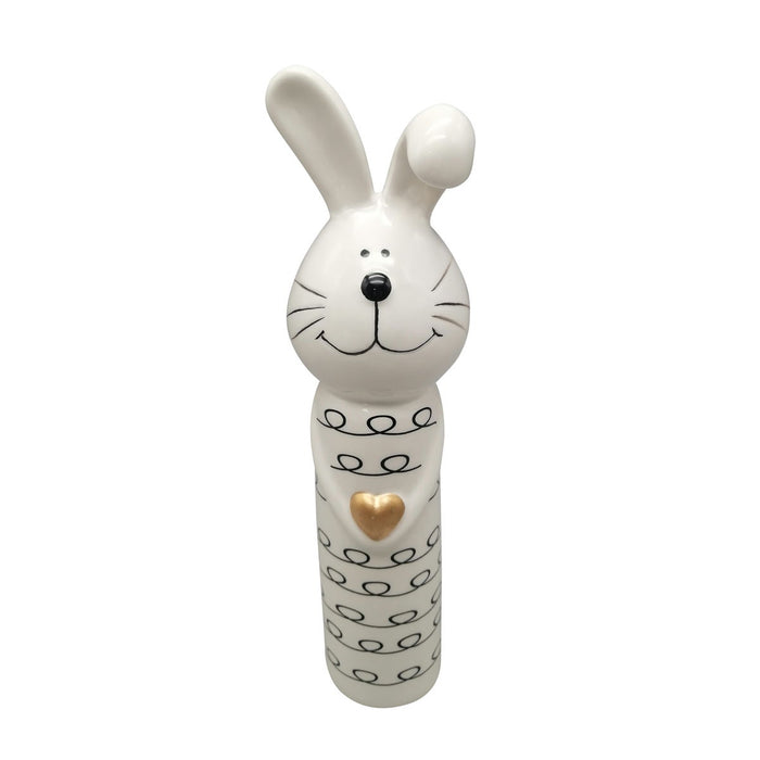 10" Squiggly Bunny With Gold Heart - White / Black