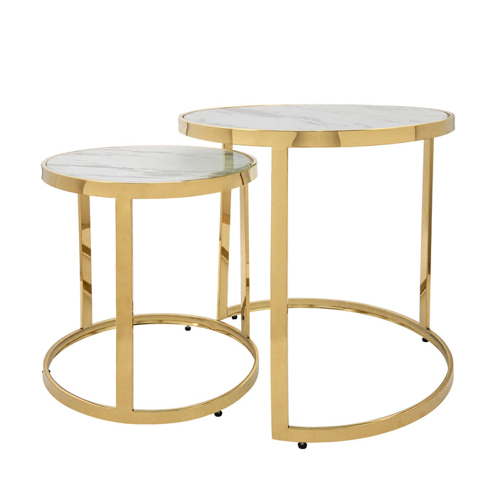 Metal / Marble Glass Round Side Table (Set of 2) - Gold
