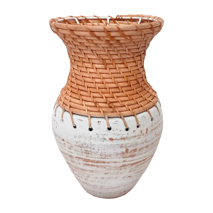 Clay 11" Vase With Woven Top - White / Natural