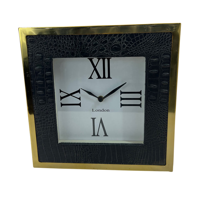 10" Faux Leather Croc Square Clock - Black / Gold