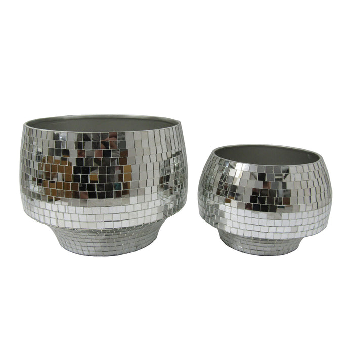 9 / 11" Curved Disco Mosaic Planter (Set of 2) - Silver