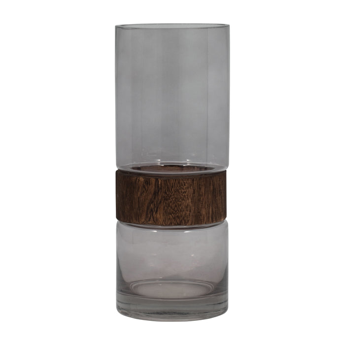 Glass 12" Cylinder Vase With Wood Band - Clear