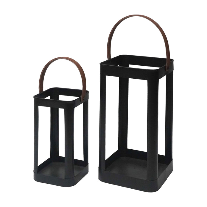 Metal Lanterns With Faux Leather Handle 13 / 18" (Set of 2) - Black
