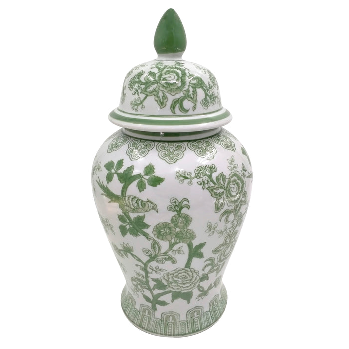Ceramic 18" Temple Jar Bird / Flower - Green