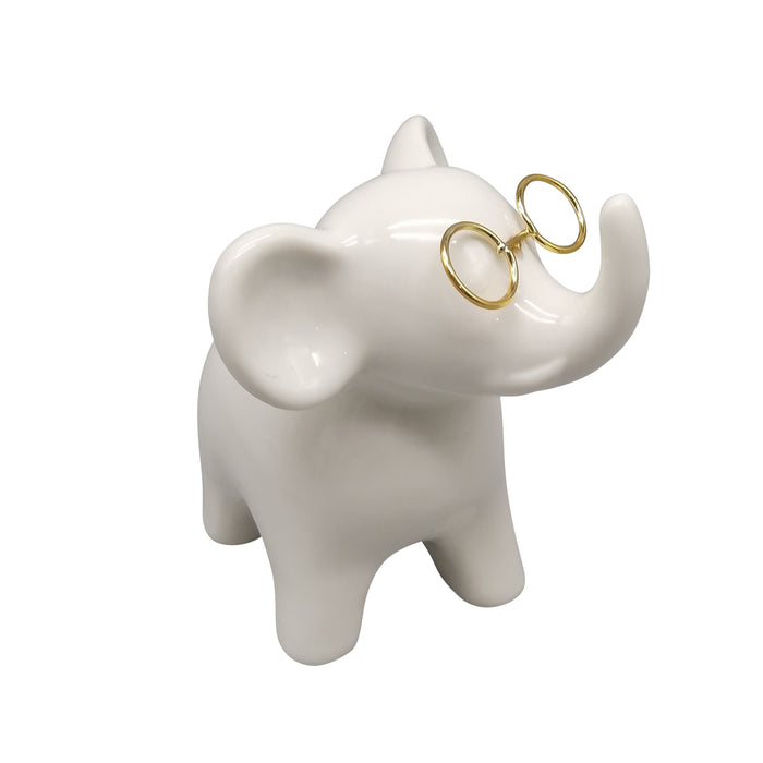5" Elephant With Glasses - White/Gold