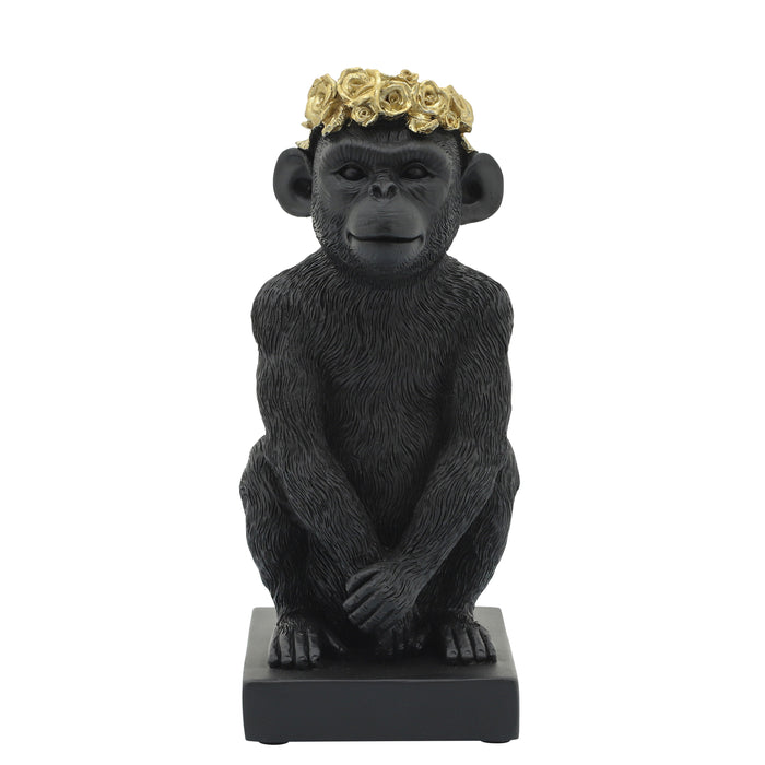 Resin 8" Monkey Flower Crown Figurine - Black/Gold