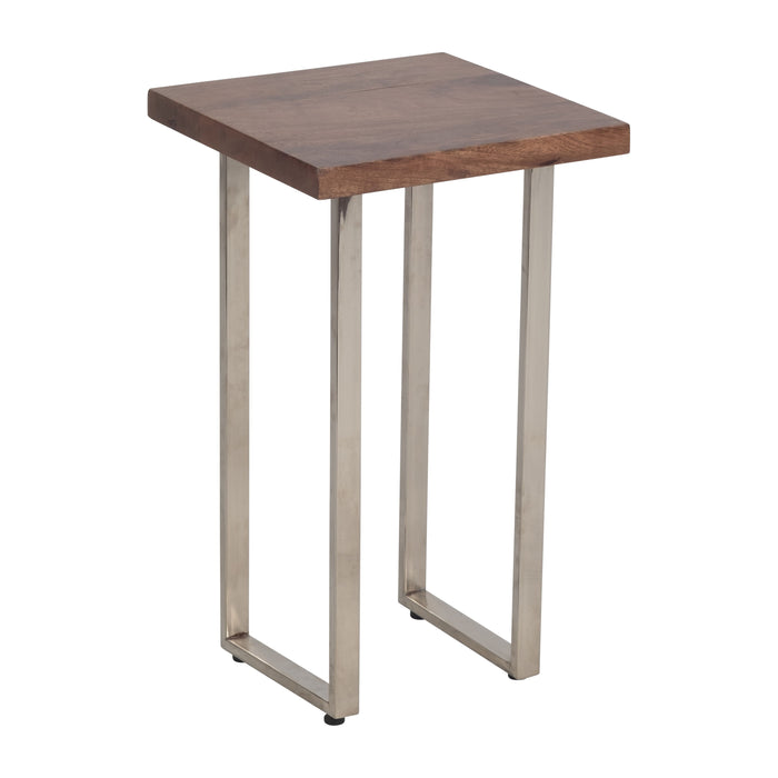 Metal 20" Square Wood Top Accent Table - Silver