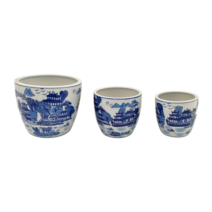 6 / 8 / 10" Chinoiserie Planters (Set of 3) - Blue / White