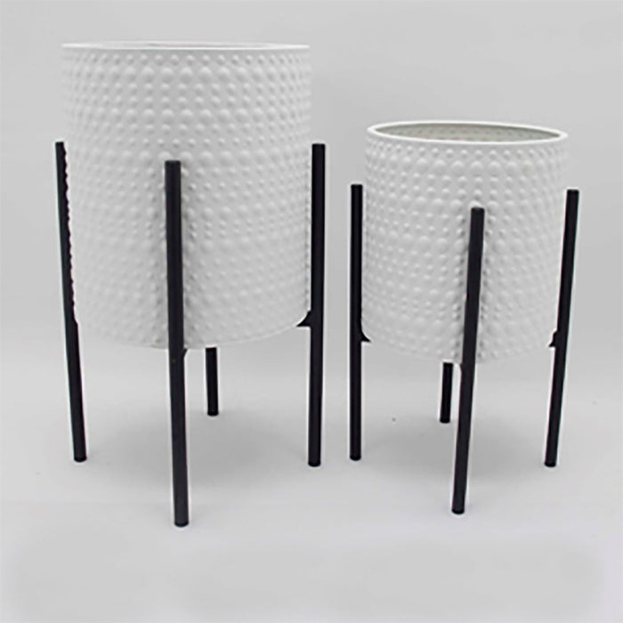 Dotted Planters In Metal Stand (Set of 2) - White