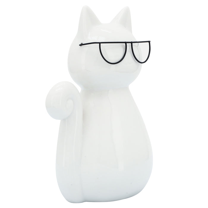 Porcelain Cat With Glasses 7" - White