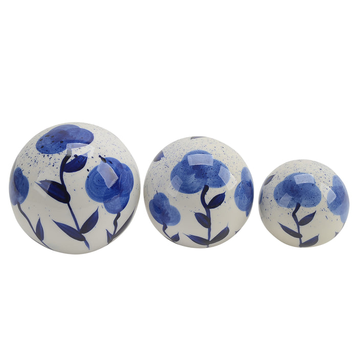 Ceramic Flower Painted Orbs 4/5/6" (Set of 3) - Blue