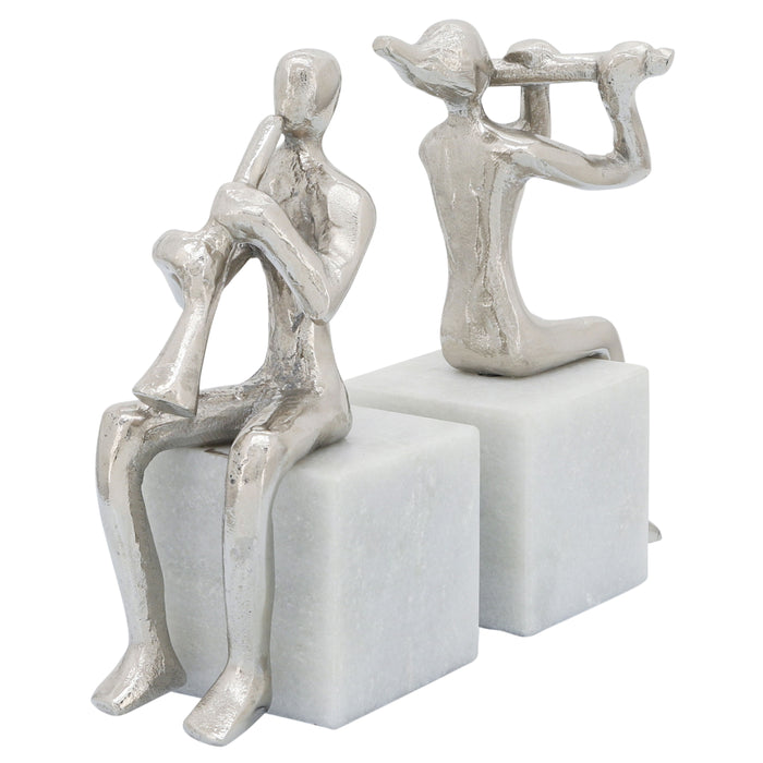 Metal Musicians On Marble Base (Set of 2) - Silver