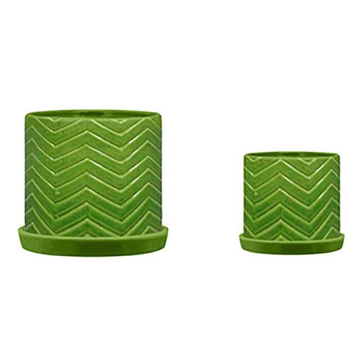 Chevron Planter With Saucer 10 / 12" (Set of 2) - Green