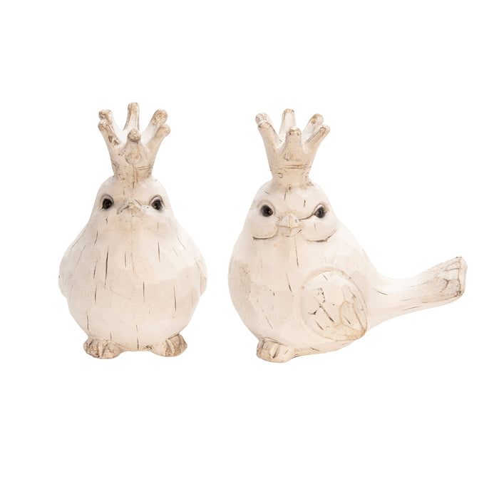 (Set of 2) Resin Birds With Crowns - White