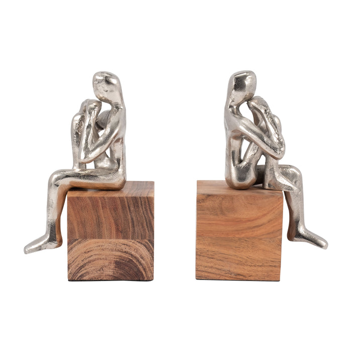 7" Thinking Man Bookend Wood Base (Set of 2) - Silver