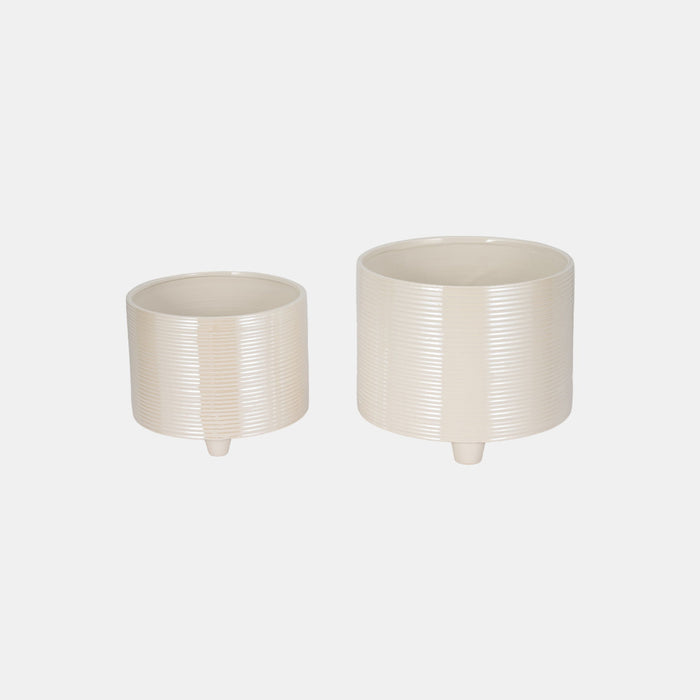 10 / 12" Iridescent Ribbed Planters (Set of 2) - Ivory