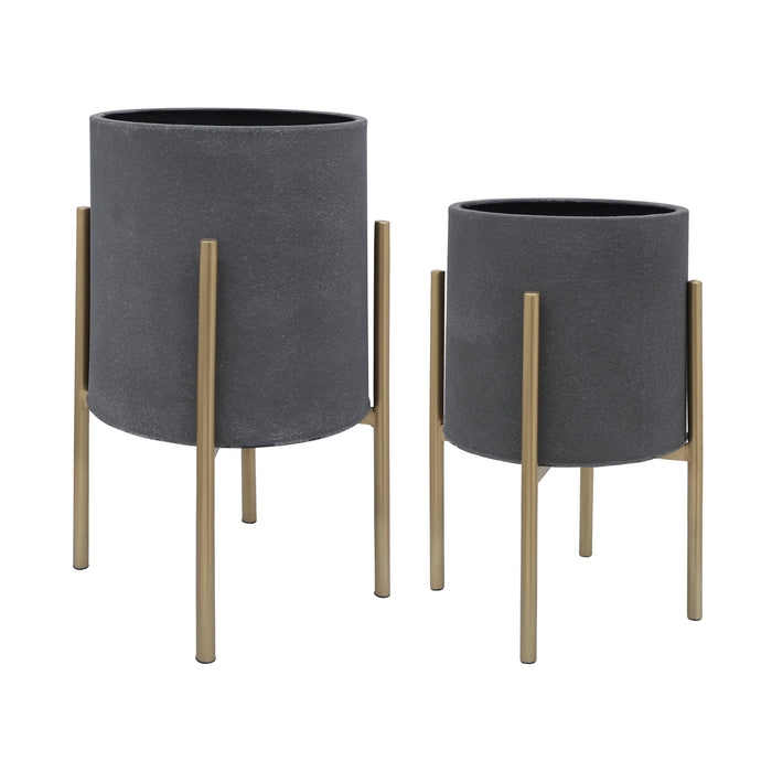 Planter On Metal Stand (Set of 2) - Gray / Gold