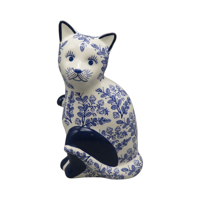 Ceramic 8" Sitting Chinoiserie Cat - Blue/White