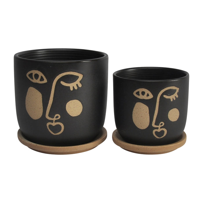 Funky Face Planter With Saucer 5 / 6" (Set of 2) - Black