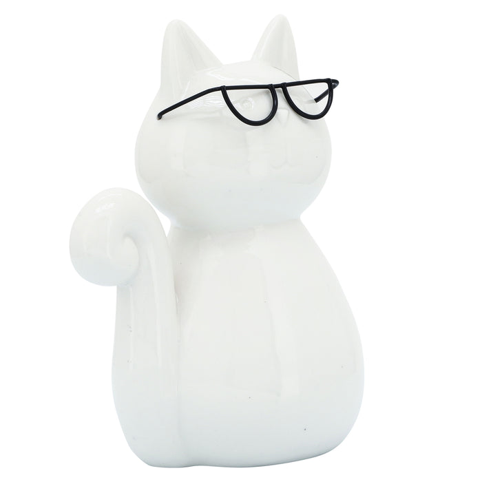 Porcelain Cat With Glasses 8" - White